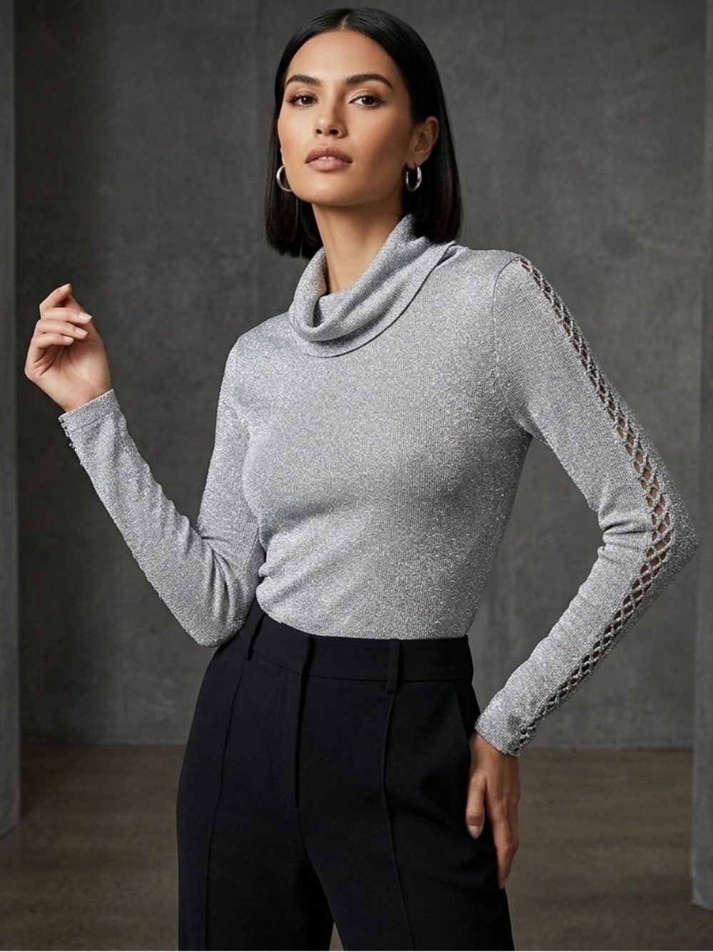 Like New- Vintage, Metallic Silver , Peek-a-boo Arms, Long-Sleeved Top - Medium